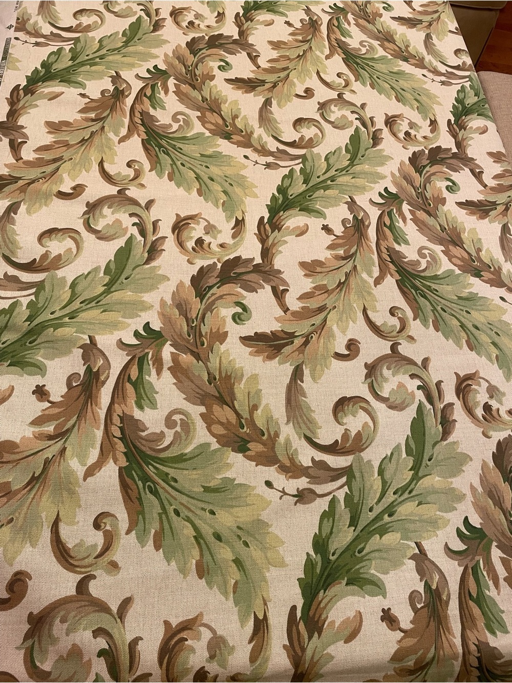 Schumacher Leaf Arabesque Leaf Scroll Upholstery Fabric in Greens and Browns 3.5